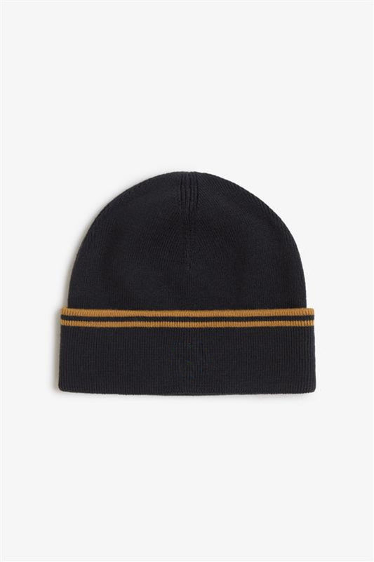 Contrast Stripe Knit Beanie - Black / Dark Caramel