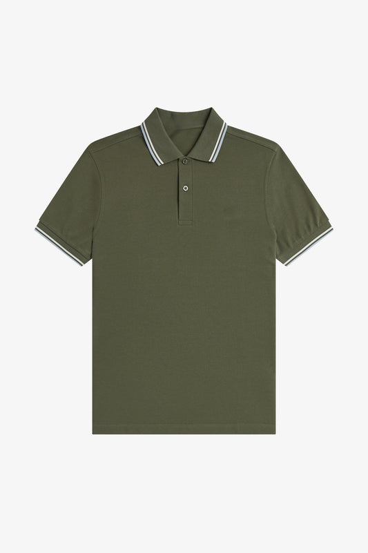 Contrast Collar Polo Shirt A100 - Forest Green / Ecru / Dusky Blue
