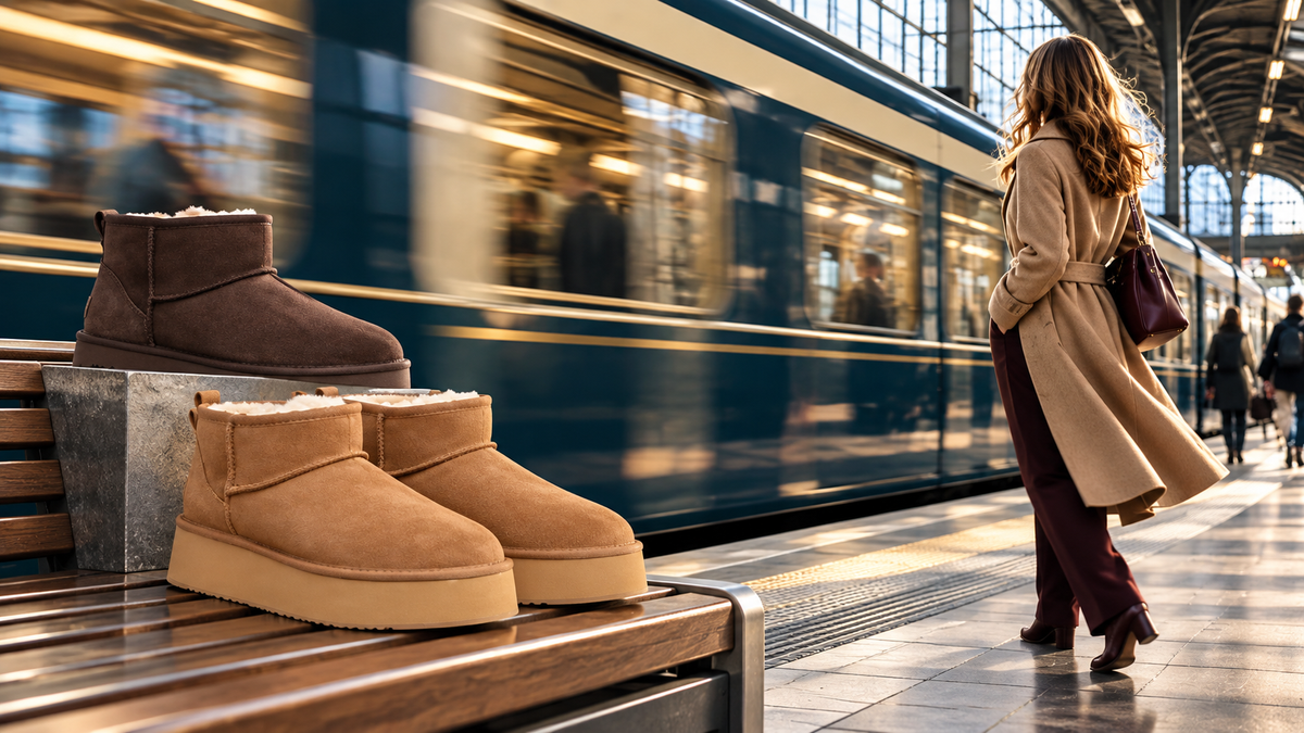 Suede platform boots on a station bench