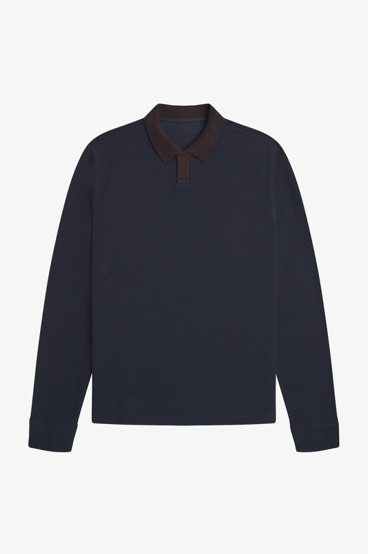 Jacquard Long Sleeve Polo Shirt - Navy