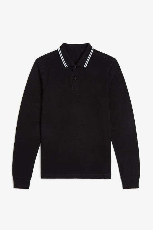 Long Sleeve Contrast Collar Polo Shirt A200 - Black / White / White