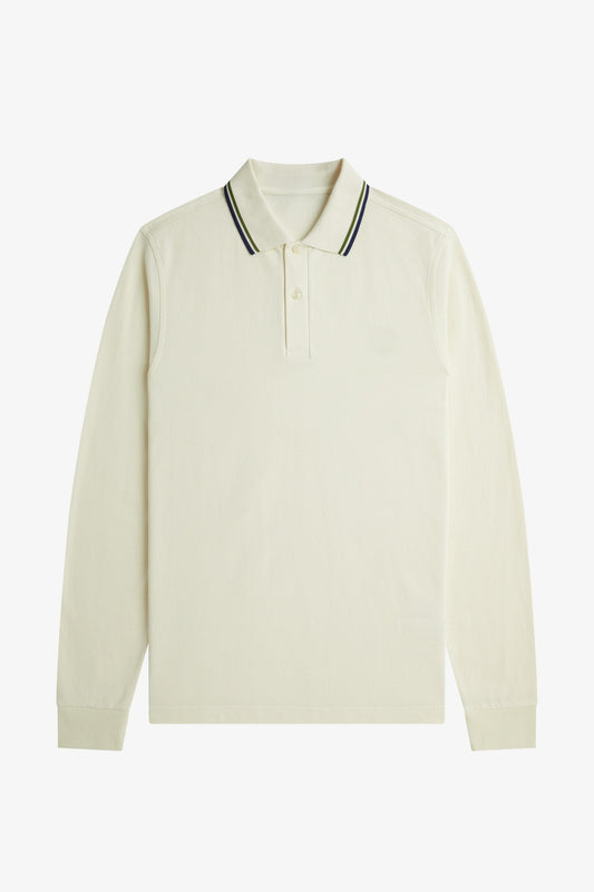 Long Sleeve Contrast Collar Polo Shirt A200 - Ecru / Apple / Mod Blue
