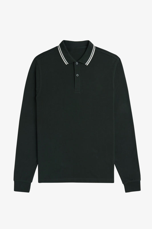 Long Sleeve Contrast Collar Polo Shirt A200 - Night Green / Snow White / Snow White