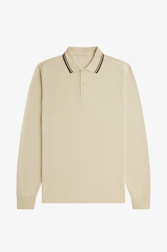 Long Sleeve Contrast Collar Polo Shirt A200 - Oatmeal / Bronze / Navy