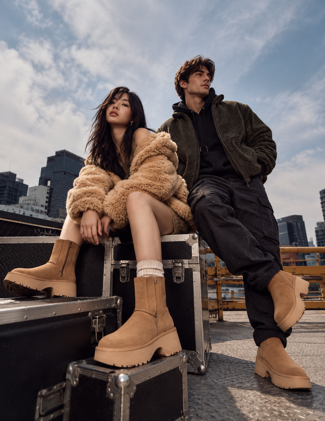 Two people wearing platform boots on a rooftop
